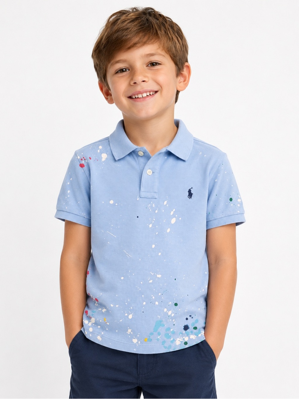 Polo Ralph Lauren Boys Paint Splatter Mesh Polo Shirt 100% Cotton Blue Size 7